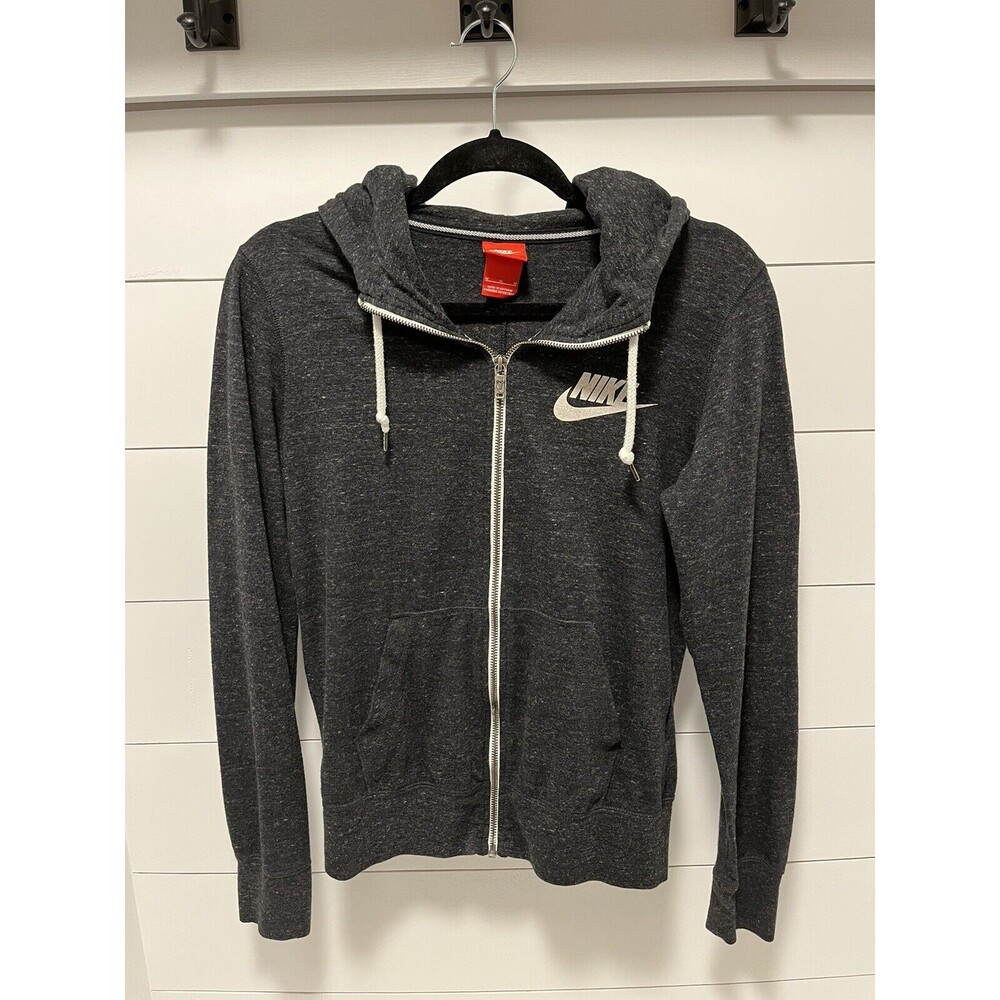 Nike Sports Gym Vintage Full Zip Hoodie Jacket Heathered Black Medium 813872-010